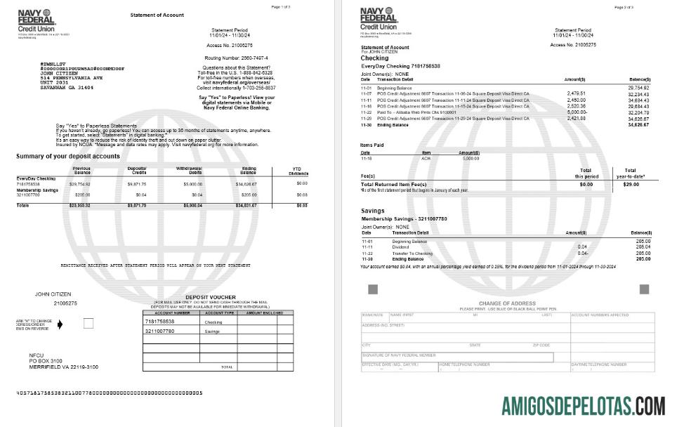 USA Navy Federal Bank Statement, 3 Pages modelo